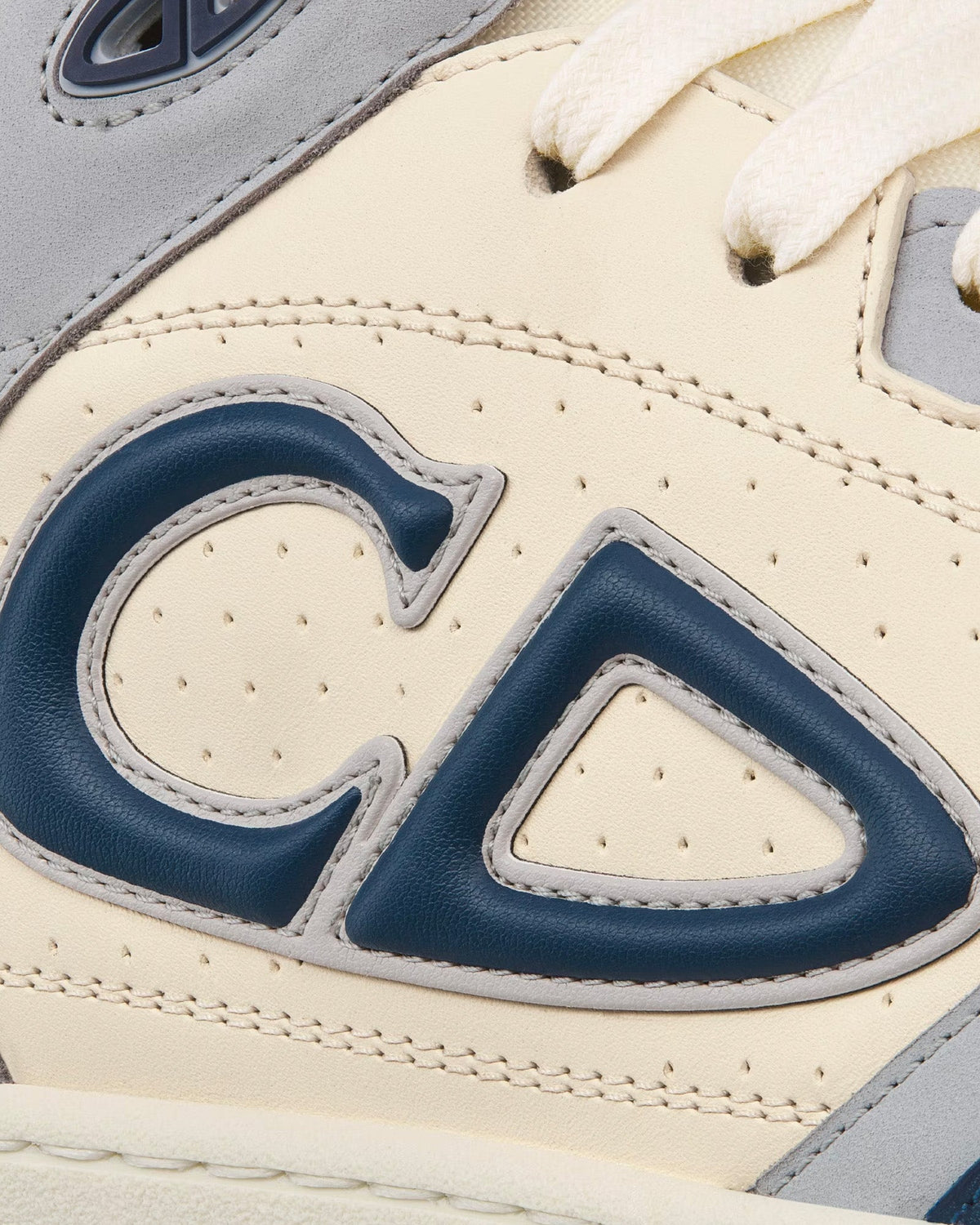 B57 Navy Blue and Cream Smooth Calfskin with Gray Suede Mid Top Sneakers