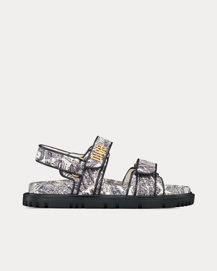Dioract White and Navy Blue Technical Fabric with Plan de Paris Print Sandals - Crown & Consign