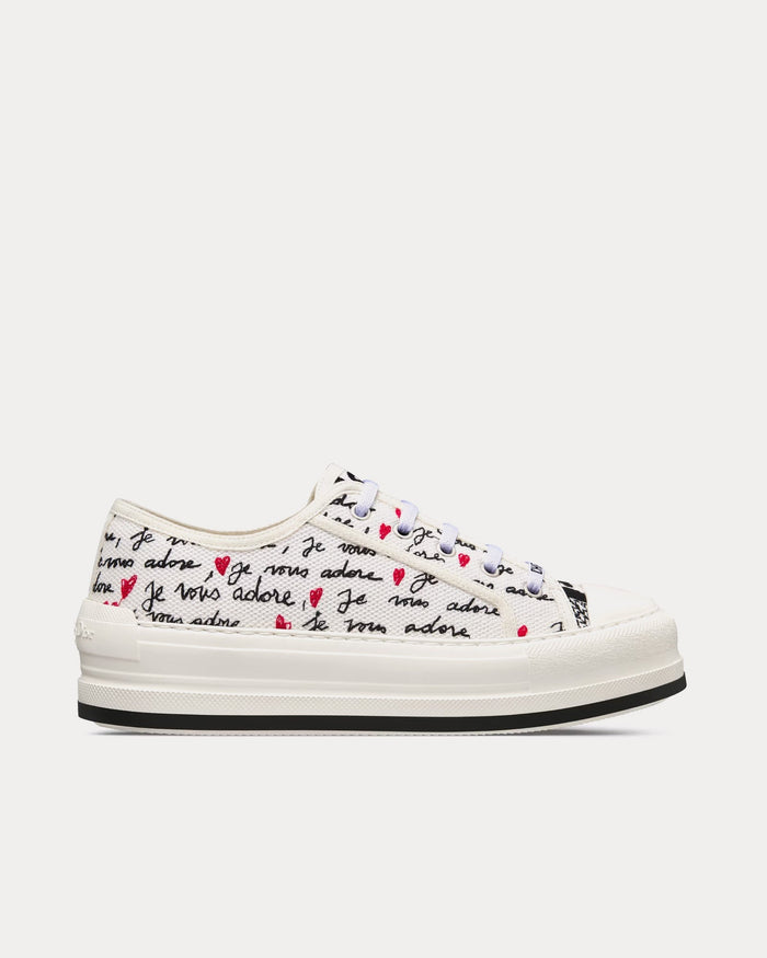 Dioramour Walk'n'Dior Platform White Cotton with Embroidered Black and Red Je Vous Adore Motif Low Top Sneakers - Crown & Consign