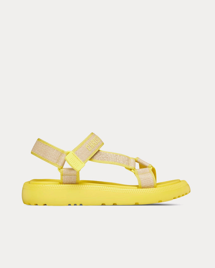 Dioriviera D-Wave Natural Raffia and Lemon Yellow Embroidered Cotton Sandals - Crown & Consign