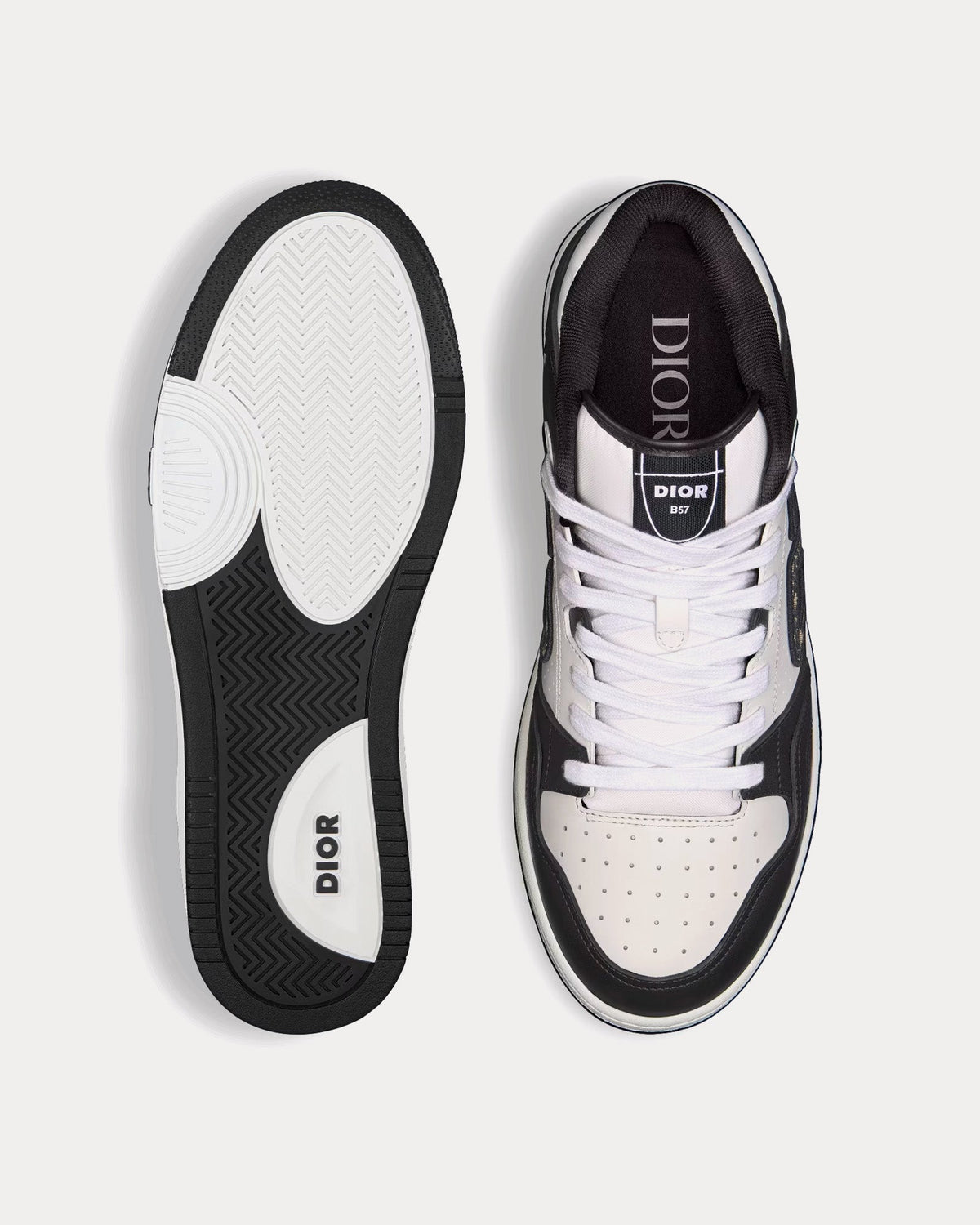 B57 Black and White Smooth Calfskin with Beige and Black Dior Oblique Jacquard Mid Top Sneakers