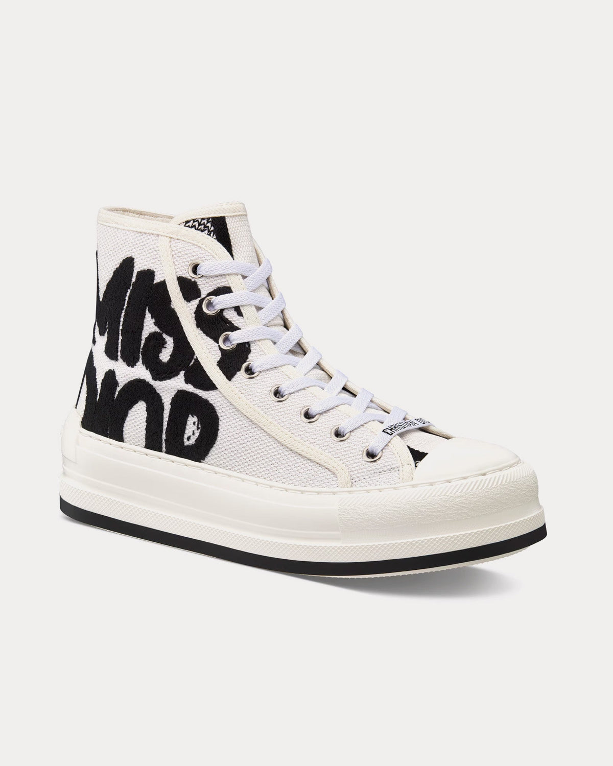 Walk'n'Dior Platform White and Black Embroidered Cotton High Top Sneakers