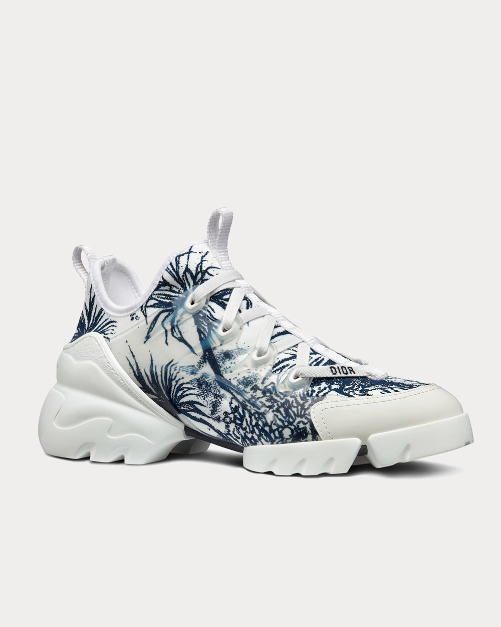 D-Connect White and Navy Blue Technical Fabric with Toile de Jouy Palms Print Low Top Sneakers