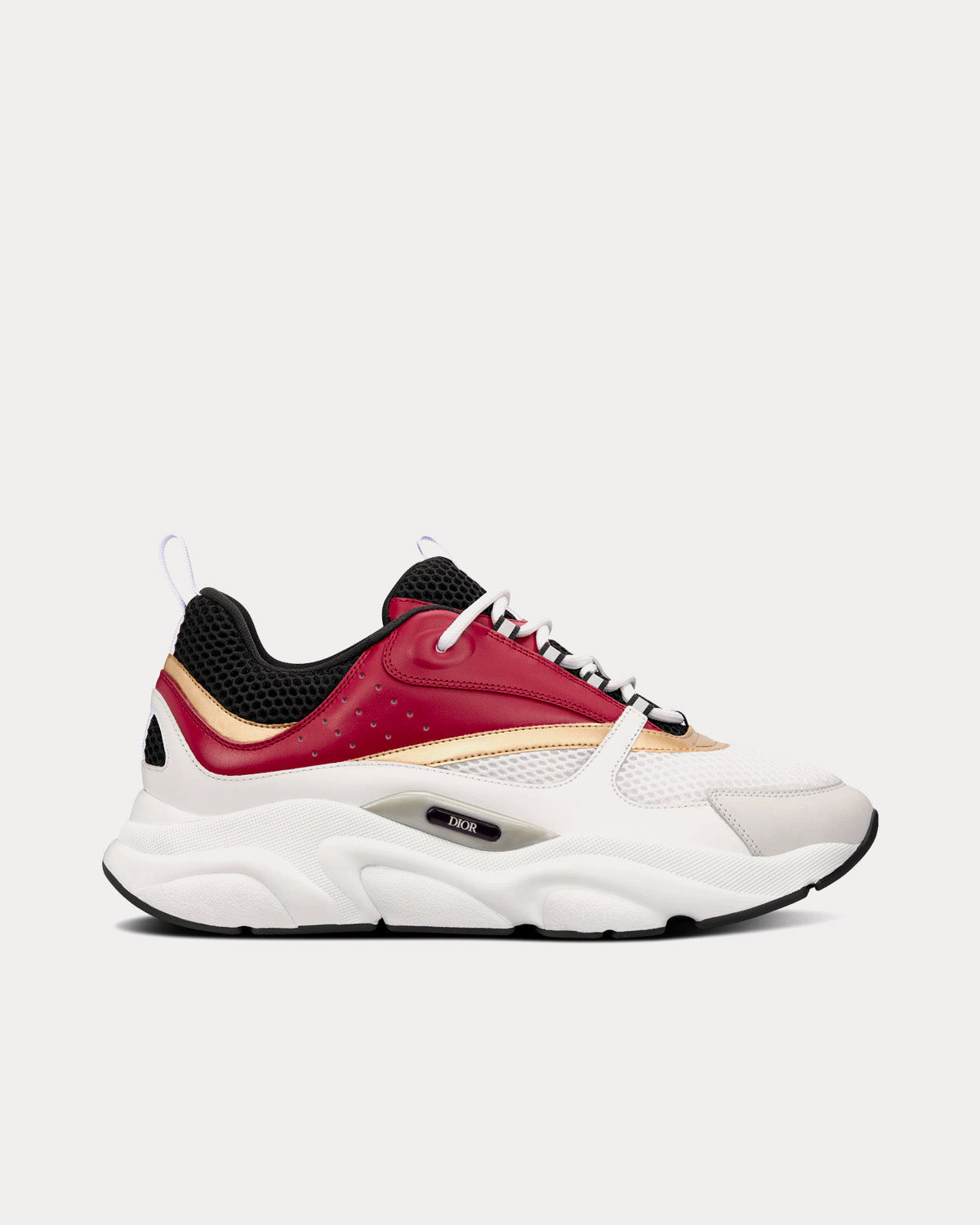 B22 White and Black Technical Mesh with Burgundy, White and Gold-Tone Calfskin Low Top Sneakers