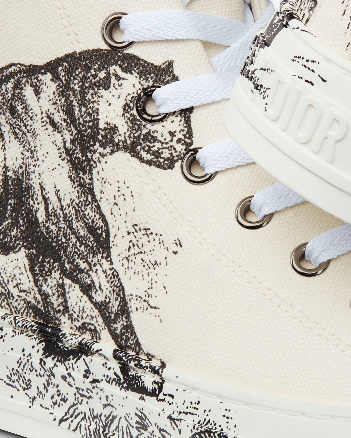 Walk'n'Dior White Cotton Canvas with Black Toile de Jouy Tiger Print High Top Sneakers