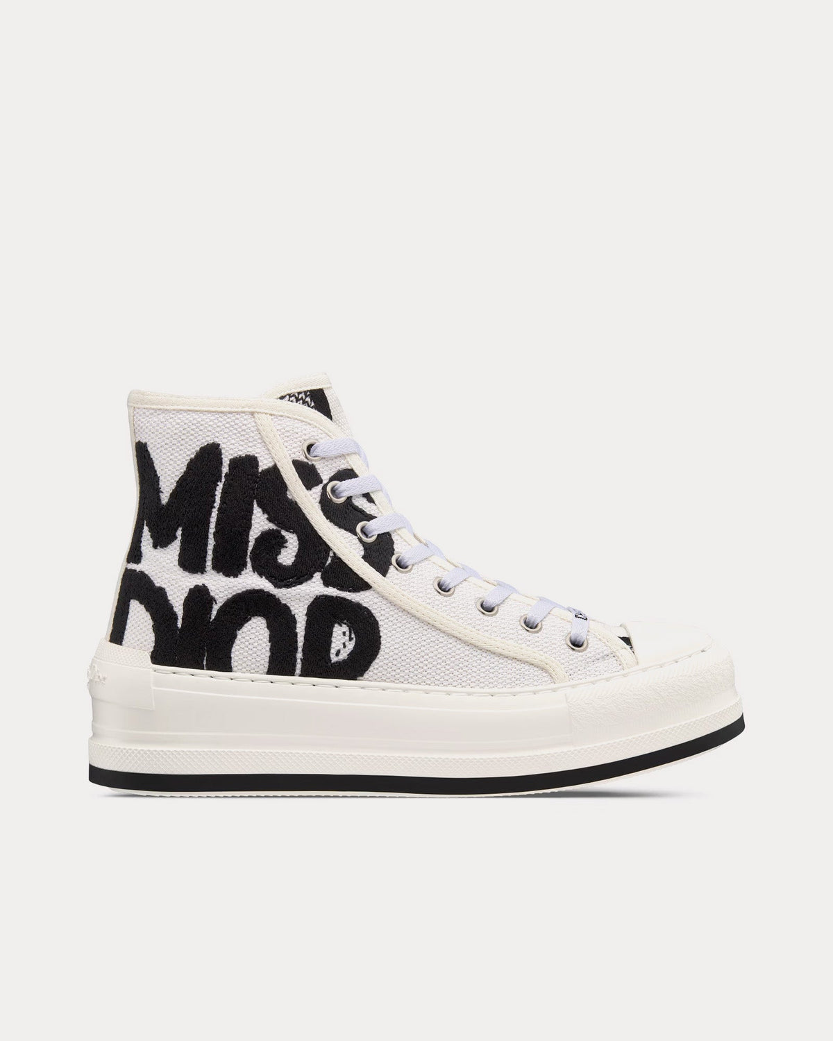 Walk'n'Dior Platform White and Black Embroidered Cotton High Top Sneakers