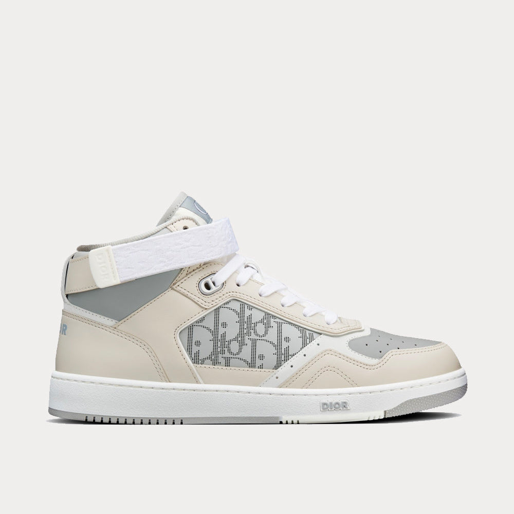B27 Gray and Beige Smooth Calfskin with Gray Dior Oblique Galaxy Leather High Top Sneakers
