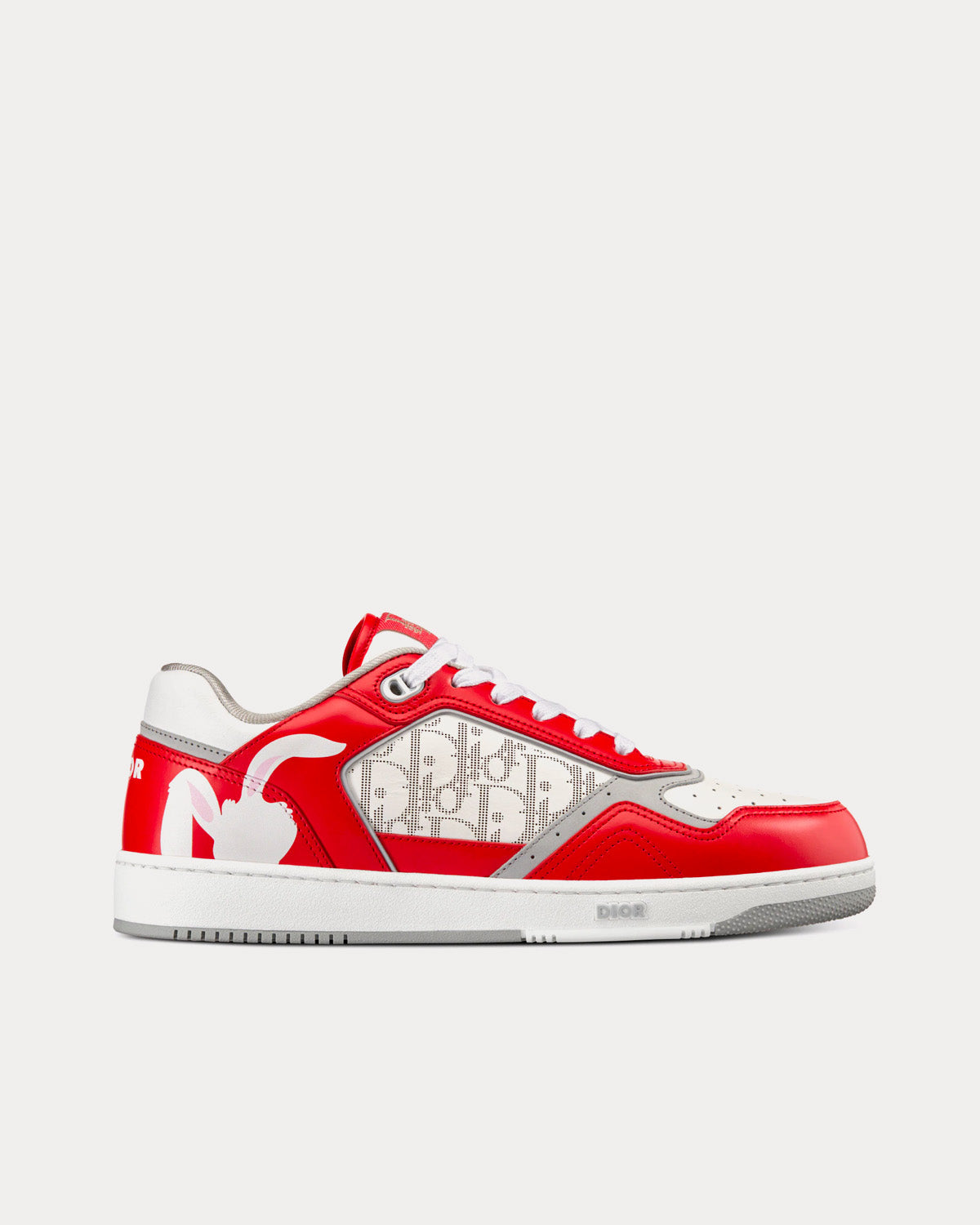B27 Red and White Smooth Calfskin and White Dior Oblique Galaxy Leather with Rabbit Motif Low Top Sneakers