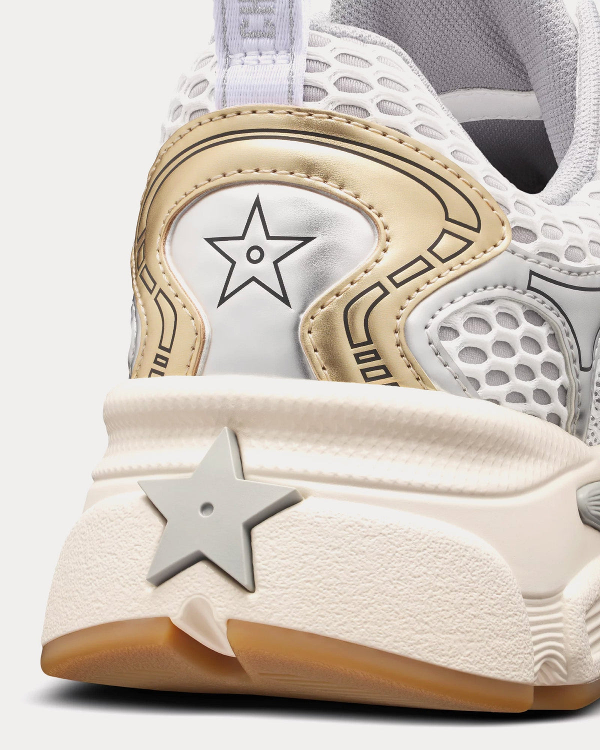 Dior Vibe White Mesh Printed with Dior Oblique Motif and Gold and Silver-Tone Laminated Leather-Effect Panels Low Top Sneakers
