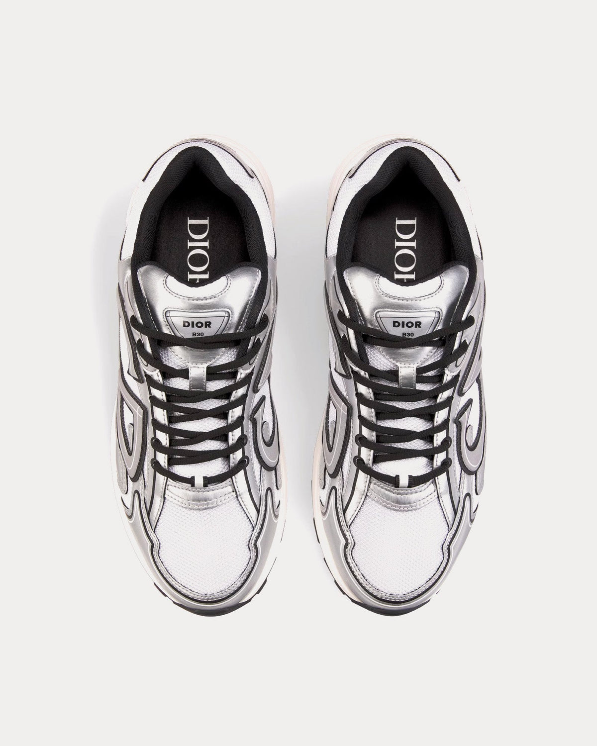 B30 White Mesh and Silver-Tone Metallic Calfskin Low Top Sneakers