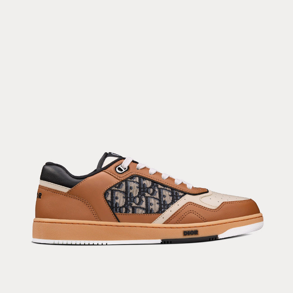 B27 Coffee, Cream and Black Smooth Calfskin with Beige and Black Dior Oblique Jacquard Low Top Sneakers