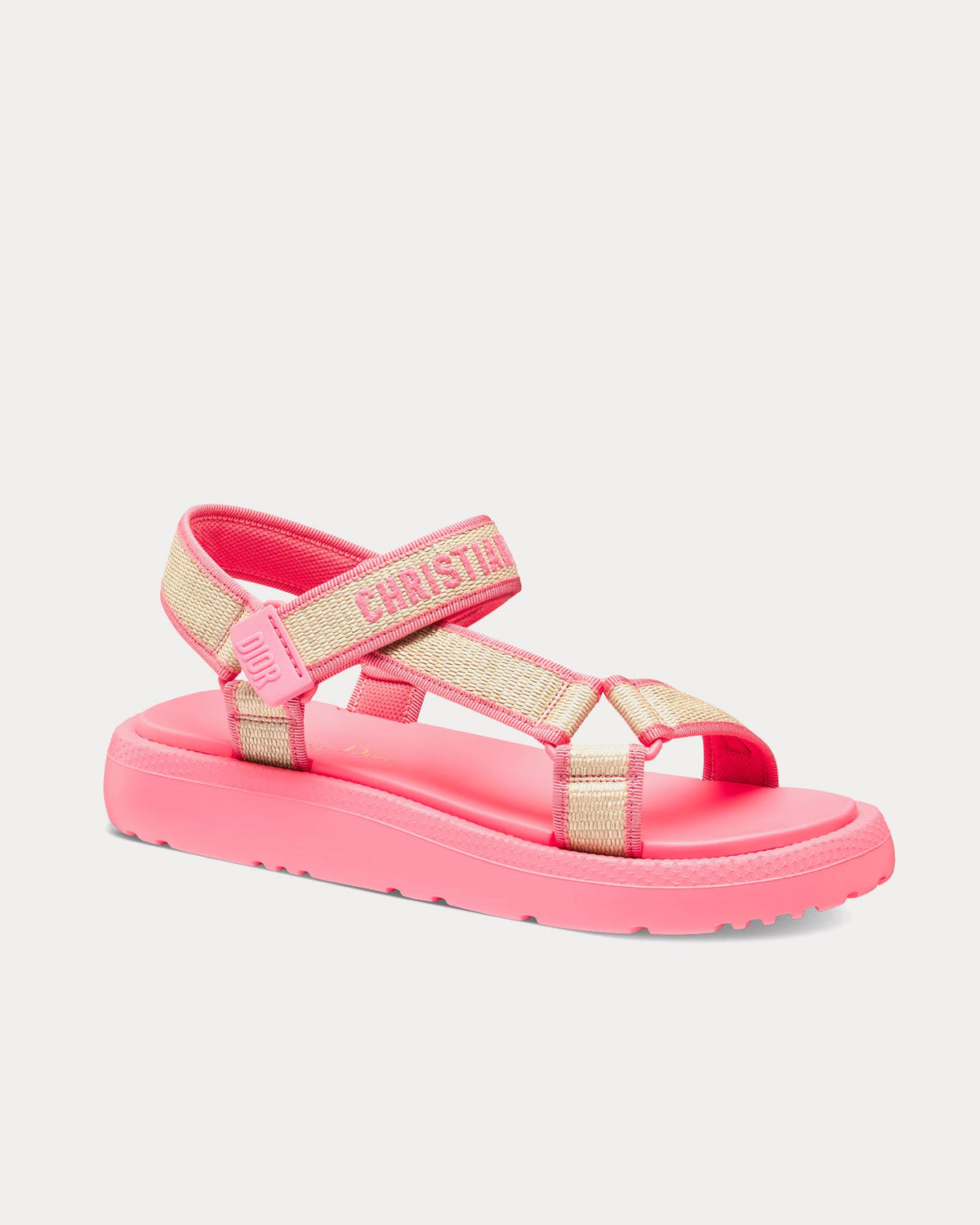 Dioriviera D-Wave Natural Raffia and Candy Pink Embroidered Cotton Sandals