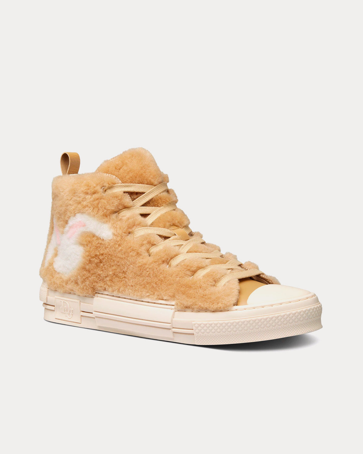 B23 Beige Shearling with Rabbit Motif High Top Sneakers