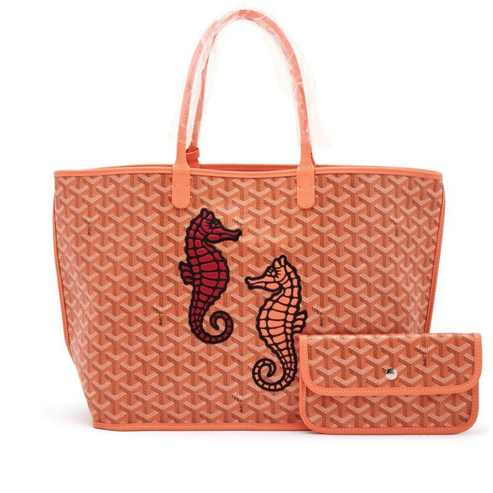 Goyard Limited Edition Coral Pink Goyardine Canvas and Chevroches Calfskin Reversible Seahorse Embroidery Anjou PM Tote, 2024 - Crown & Consign