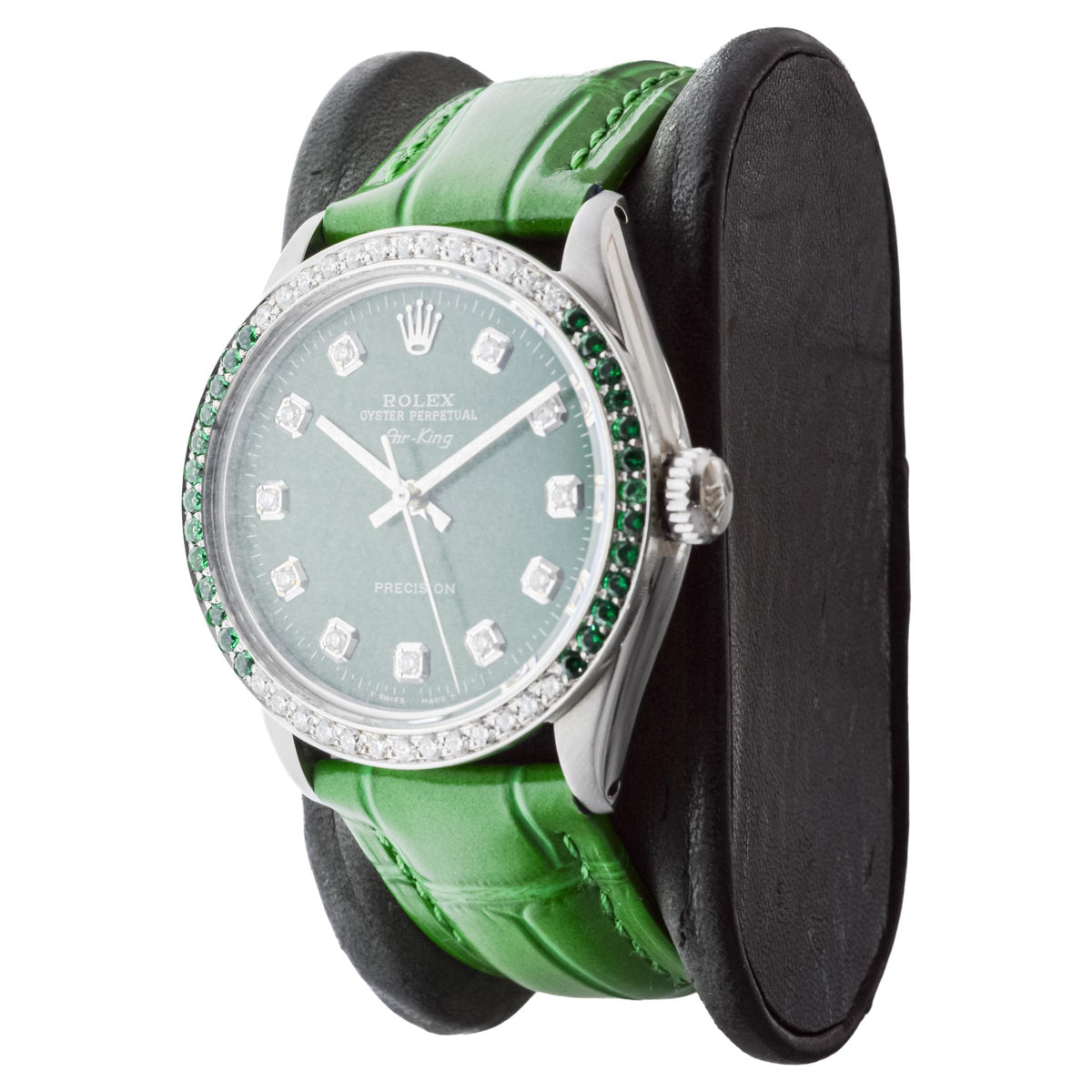 Rolex Steel Air-King with Custom Diamond Dial and Diamond and Emerald Bezel