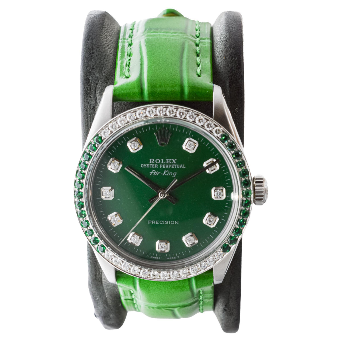 Rolex Steel Air-King with Custom Diamond Dial and Diamond and Emerald Bezel