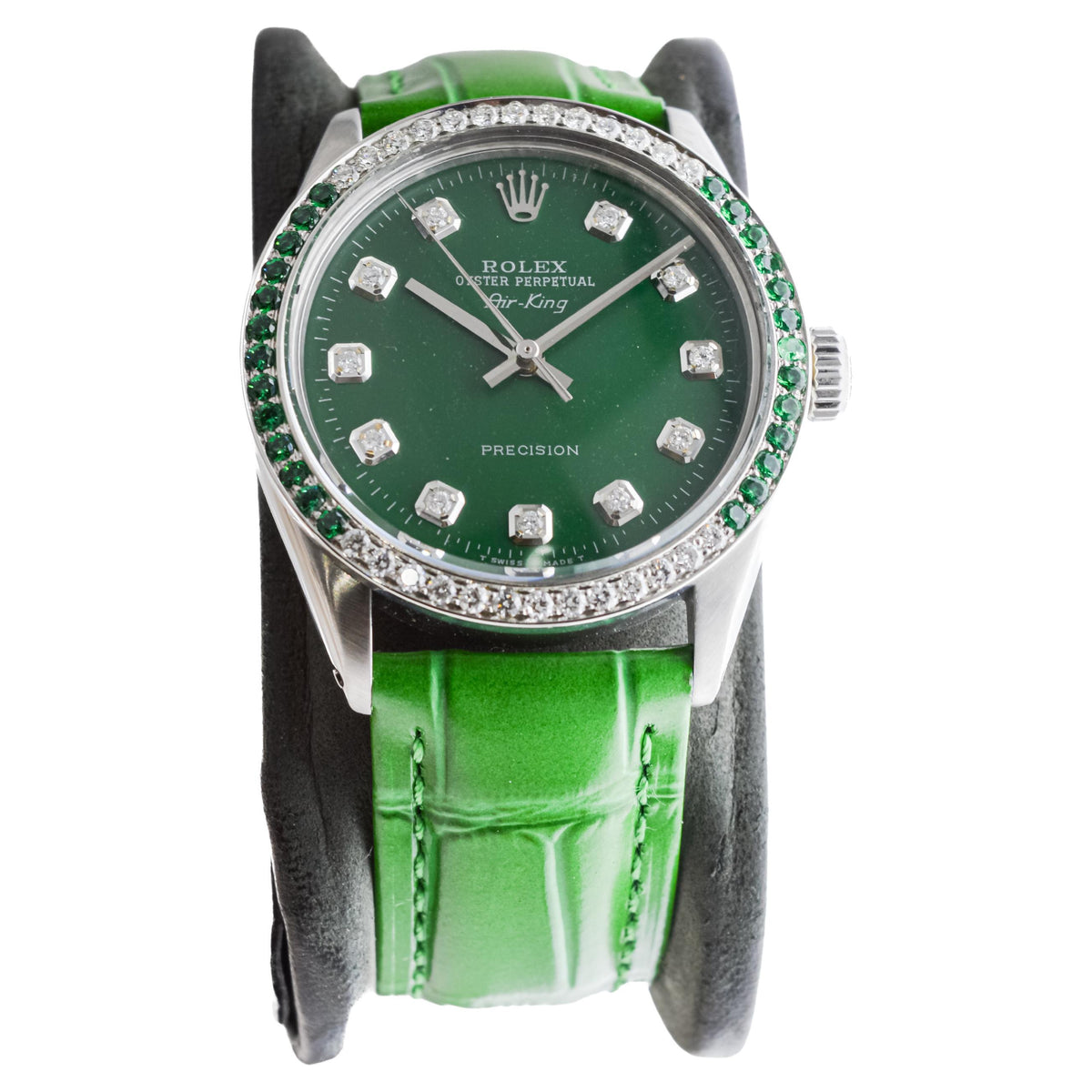 Rolex Steel Air-King with Custom Diamond Dial and Diamond and Emerald Bezel