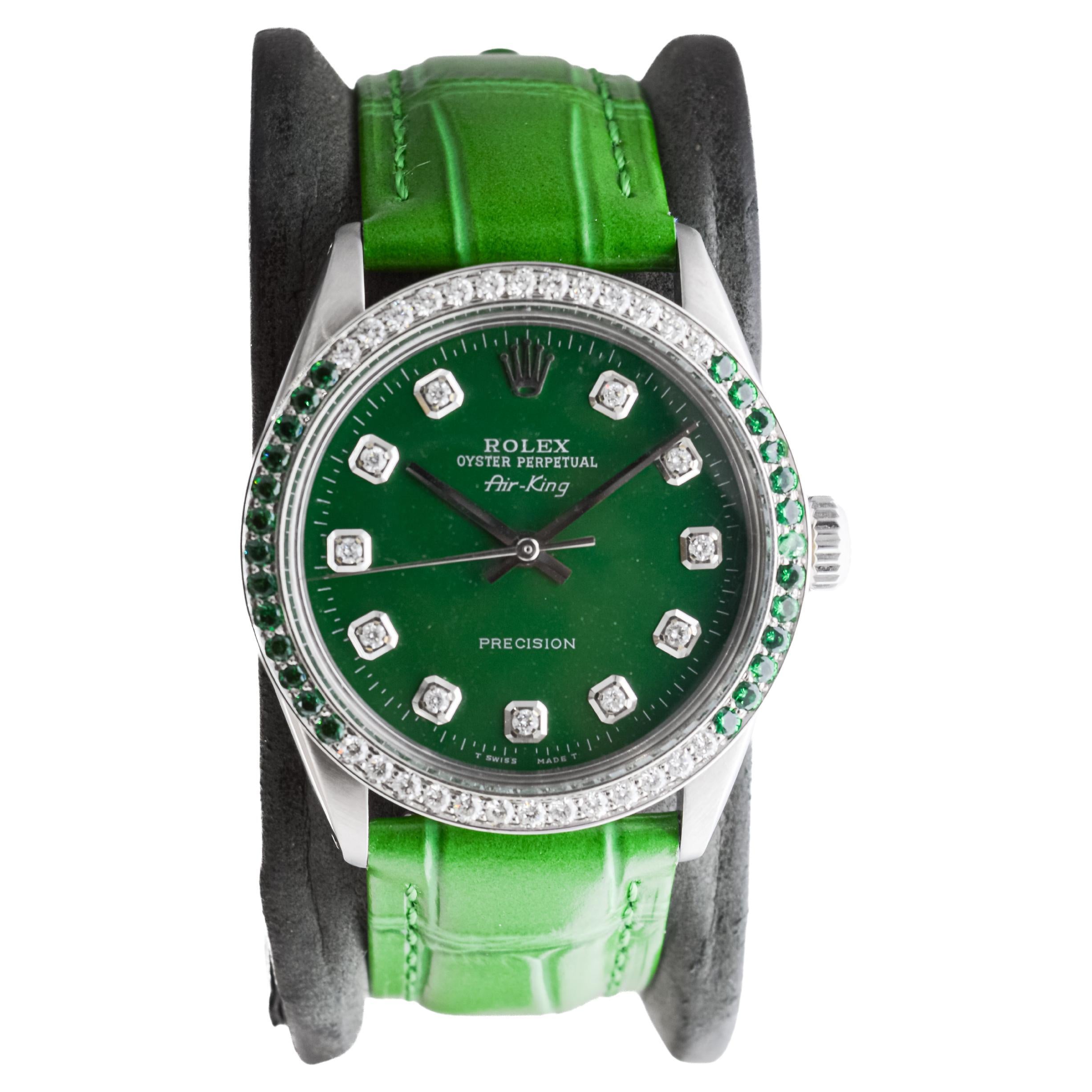 Rolex Steel Air-King with Custom Diamond Dial and Diamond and Emerald Bezel
