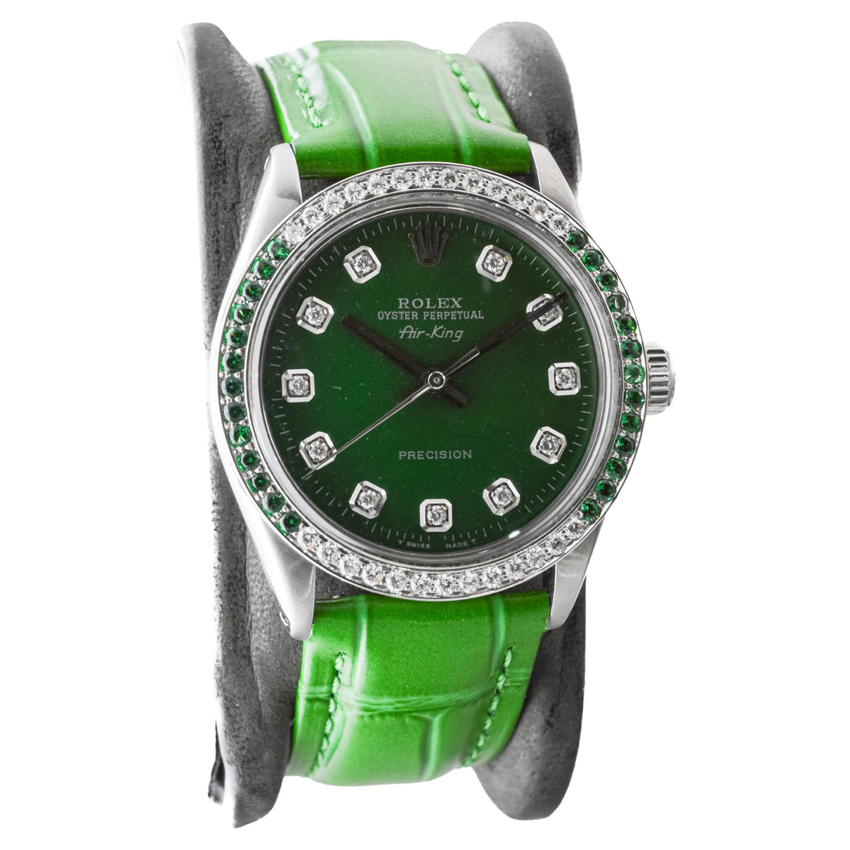 Rolex Steel Air-King with Custom Diamond Dial and Diamond and Emerald Bezel