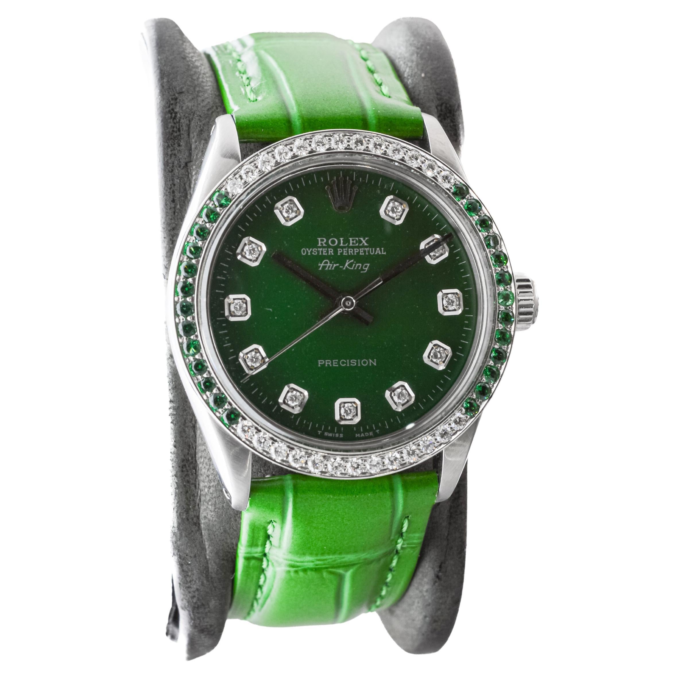 Rolex Steel Air-King with Custom Diamond Dial and Diamond and Emerald Bezel