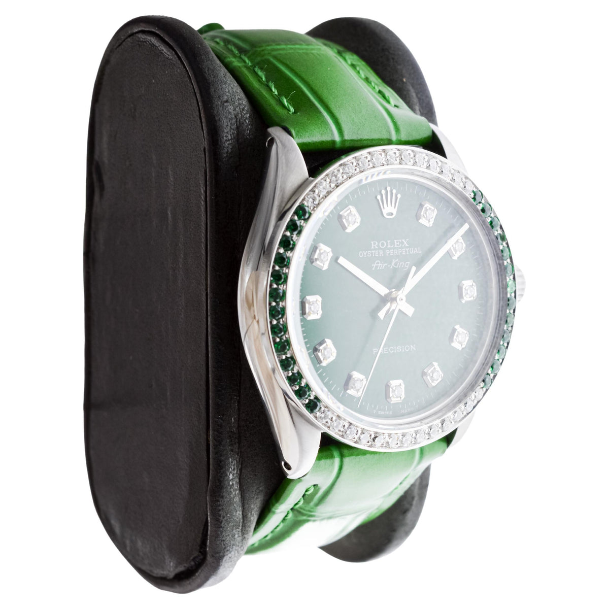 Rolex Steel Air-King with Custom Diamond Dial and Diamond and Emerald Bezel