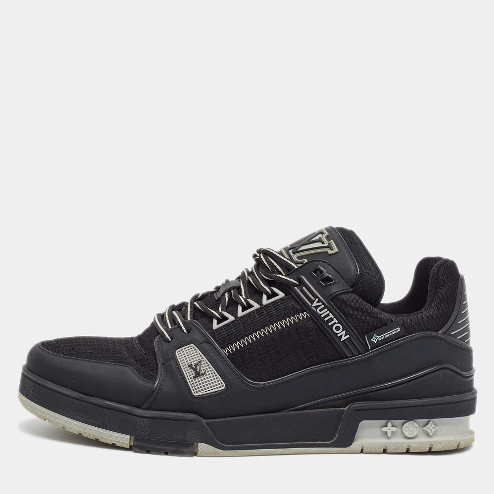 LV Trainer Size Black Fabric and Leather Lace Up Sneakers