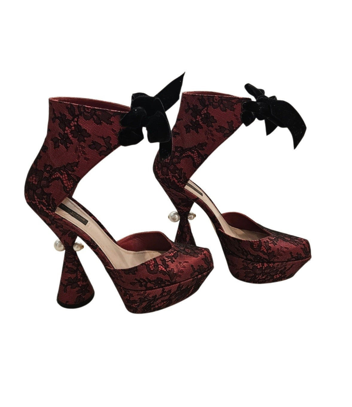 FW2009 Runway Lace Ballerina Pearl Platform Heels - Maroon Size 39