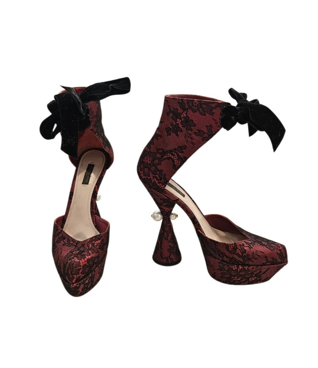 FW2009 Runway Lace Ballerina Pearl Platform Heels - Maroon Size 39