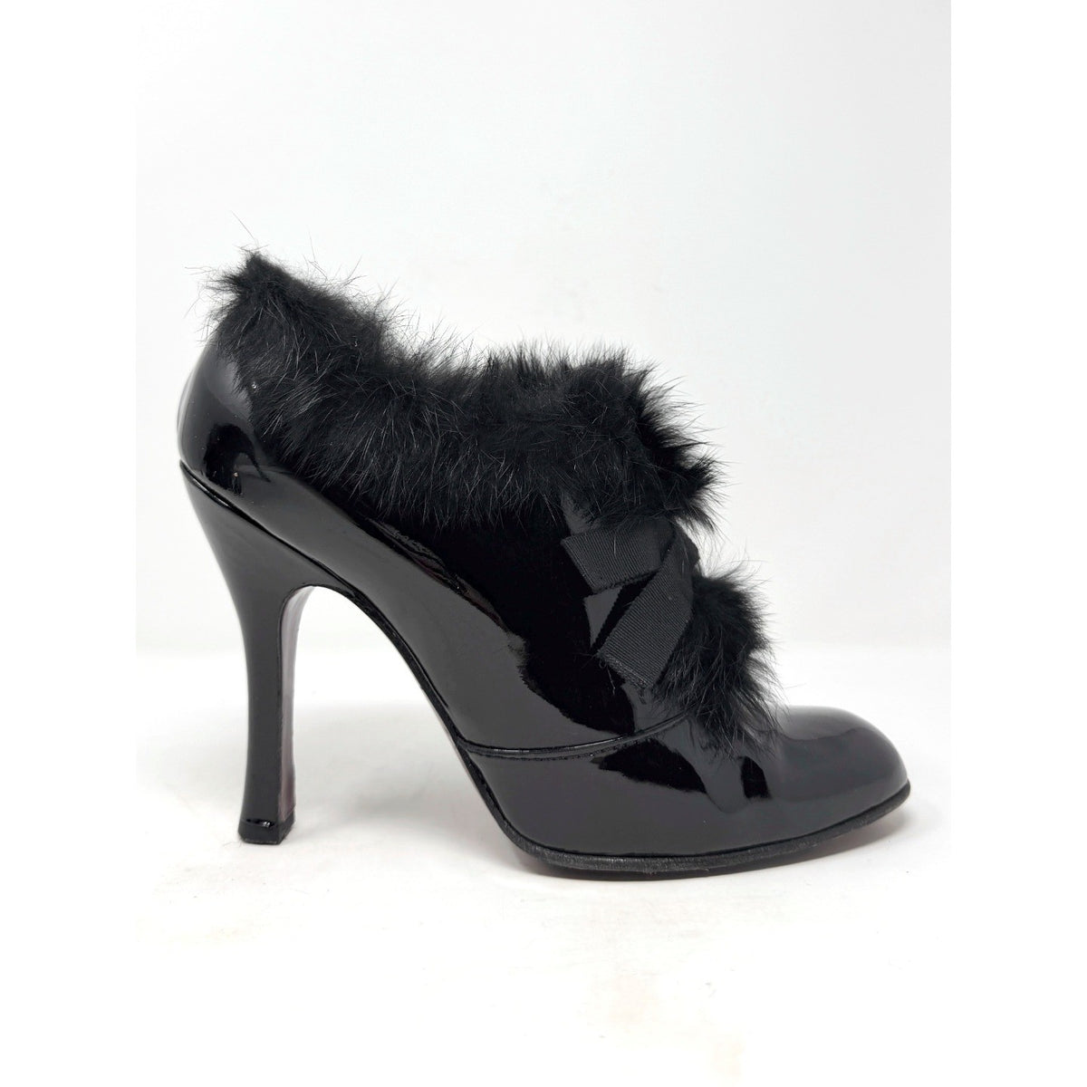 Fall 2004 Runway Black Patent Leather Fur Bow Boots Heels 40