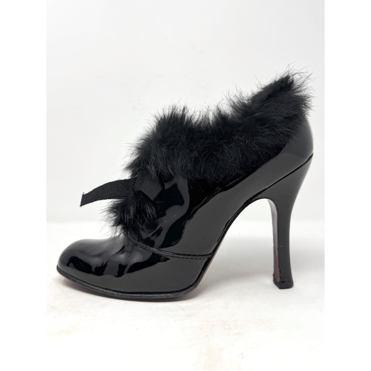 Fall 2004 Runway Black Patent Leather Fur Bow Boots Heels 40