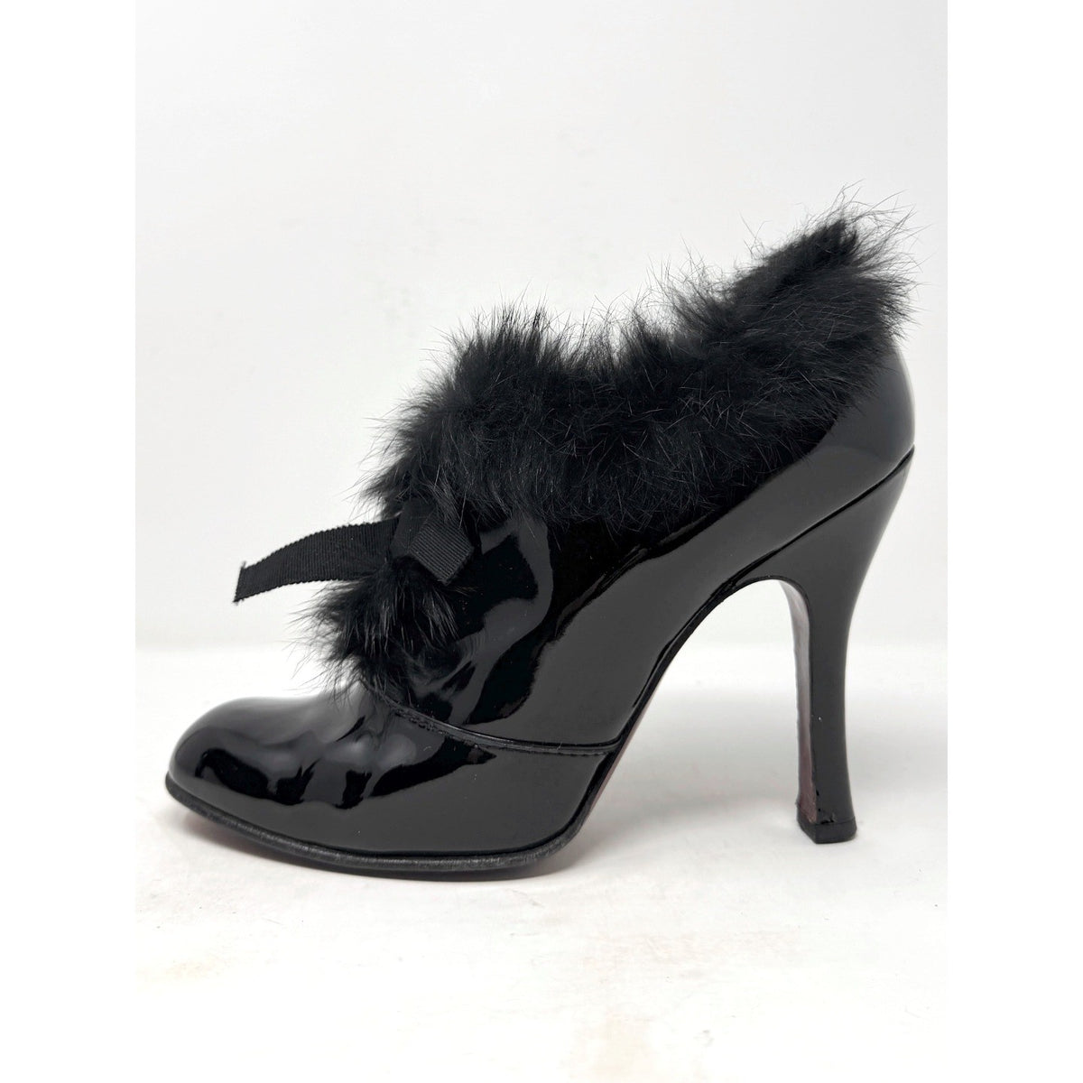 Fall 2004 Runway Black Patent Leather Fur Bow Boots Heels 40