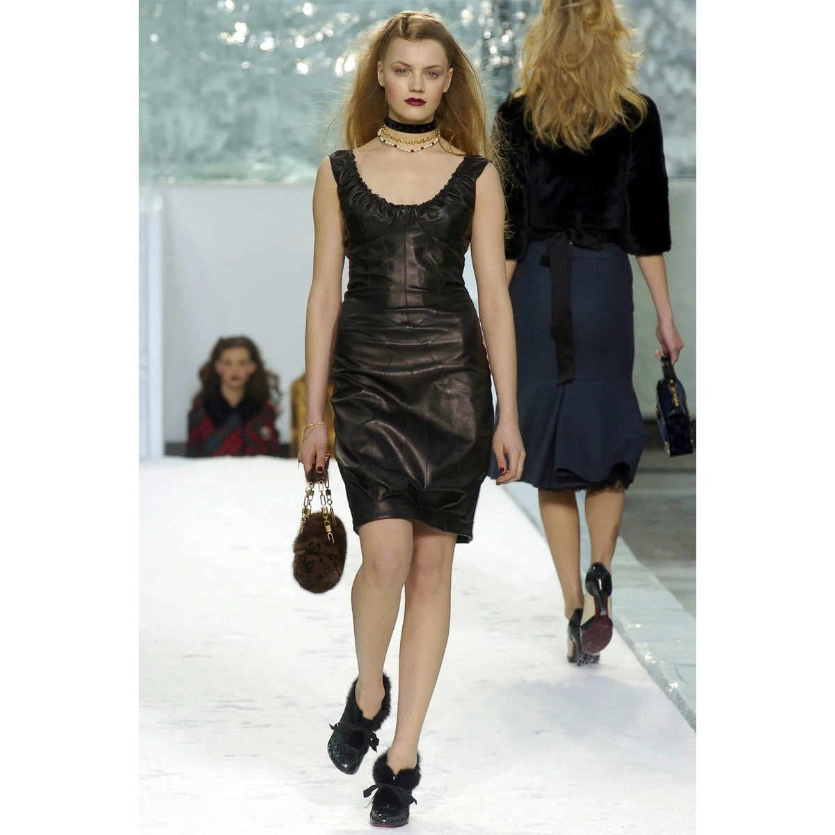 Fall 2004 Runway Black Patent Leather Fur Bow Boots Heels 40