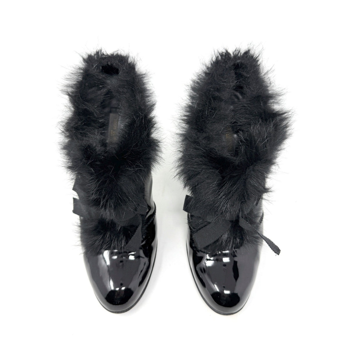Fall 2004 Runway Black Patent Leather Fur Bow Boots Heels 40