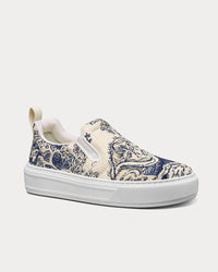 Solar Blue and White Embroidered Cotton with Toile de Jouy Motif Slip On Sneakers View 2