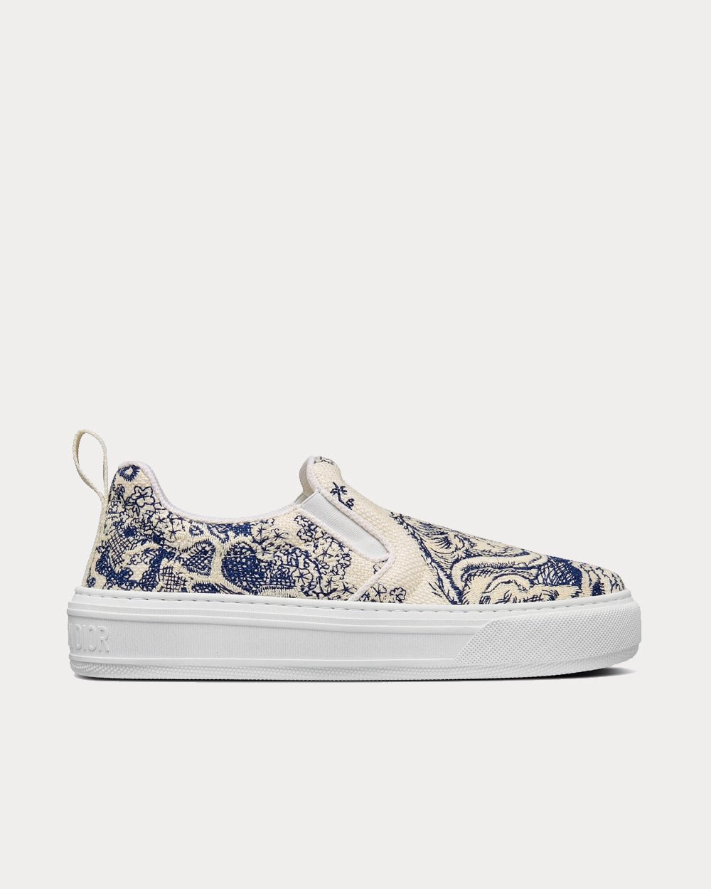 Solar Blue and White Embroidered Cotton with Toile de Jouy Motif Slip On Sneakers