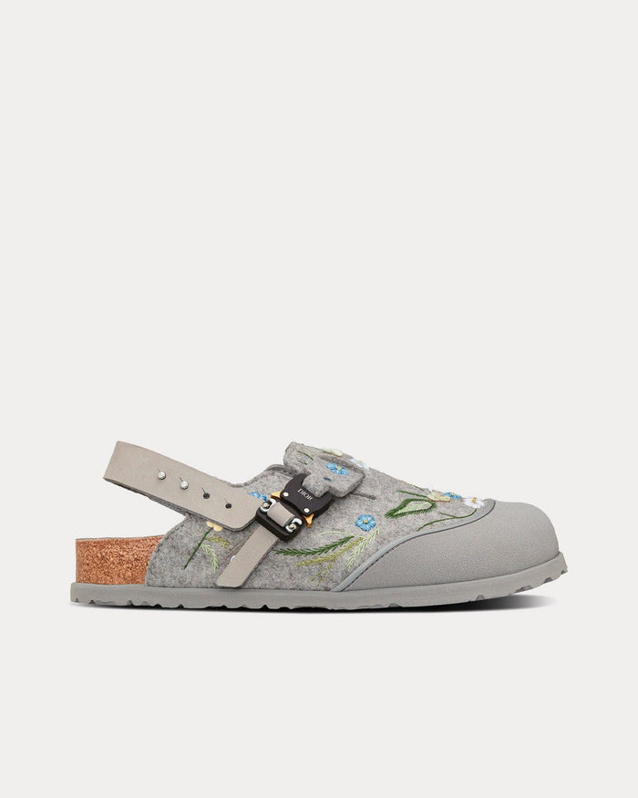 Tokio Dior Gray Felted Wool Embroidered with Flowers and Nubuck Calfskin Mules - Crown & Consign