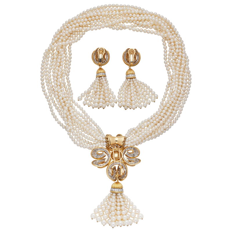 Tiffany & Co. Vintage Gold, Platinum, Cultured Pearl and Diamond Convertible Earclips and Necklace Set