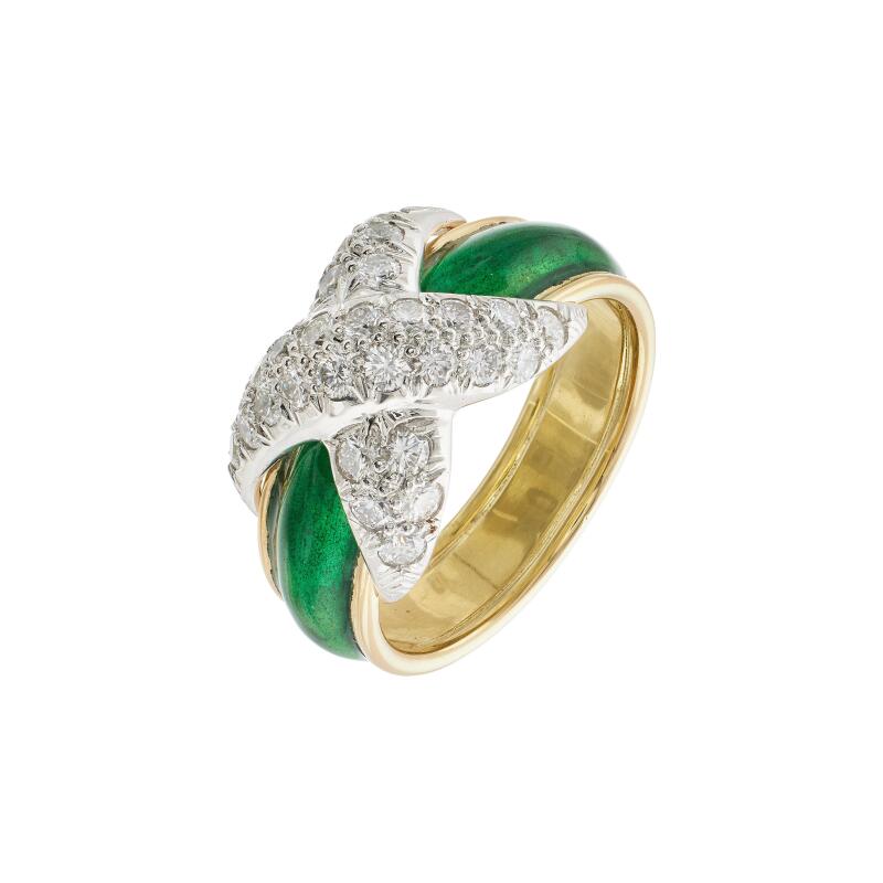 Tiffany & Co. Gold, Platinum, Enamel and Diamond X Motif Ring