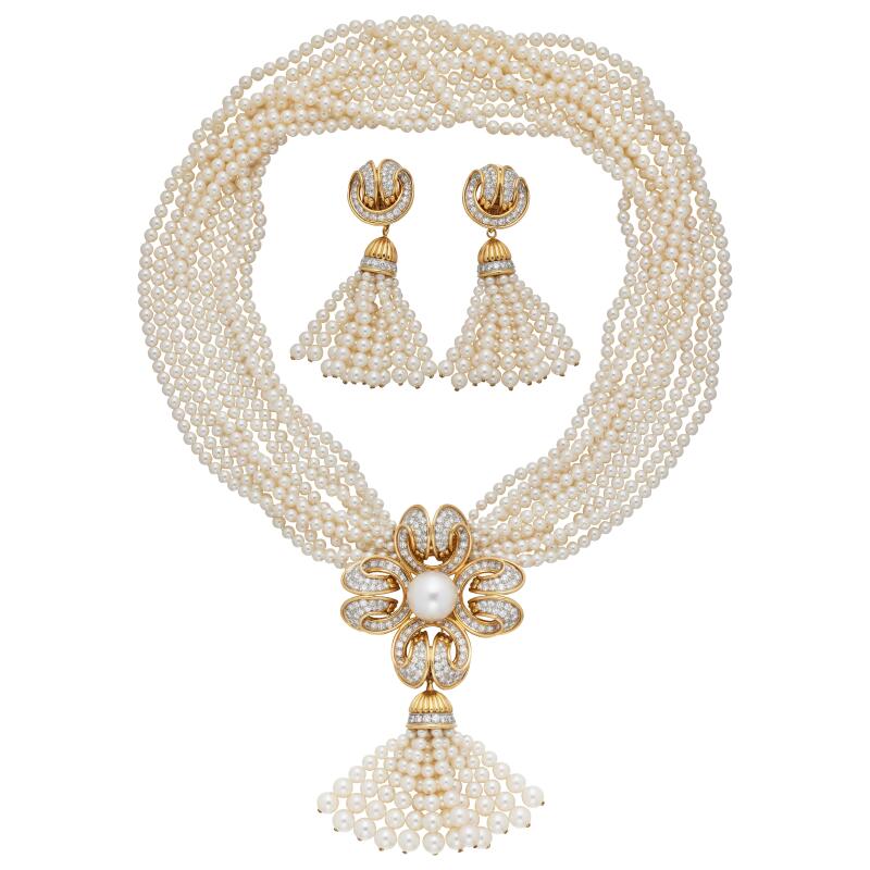 Tiffany & Co. Vintage Gold, Platinum, Cultured Pearl and Diamond Convertible Earclips and Necklace Set