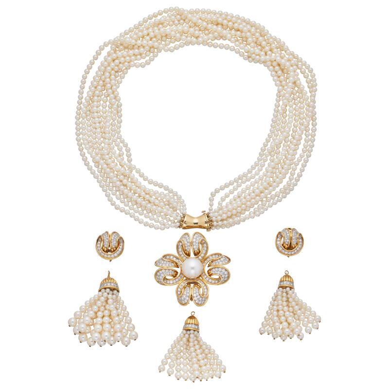 Tiffany & Co. Vintage Gold, Platinum, Cultured Pearl and Diamond Convertible Earclips and Necklace Set