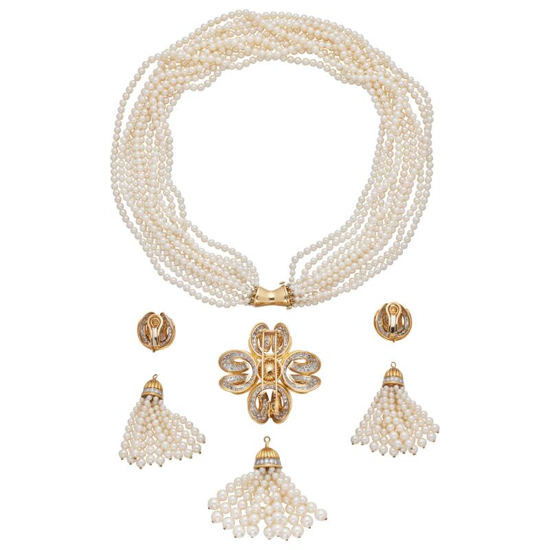 Tiffany & Co. Vintage Gold, Platinum, Cultured Pearl and Diamond Convertible Earclips and Necklace Set
