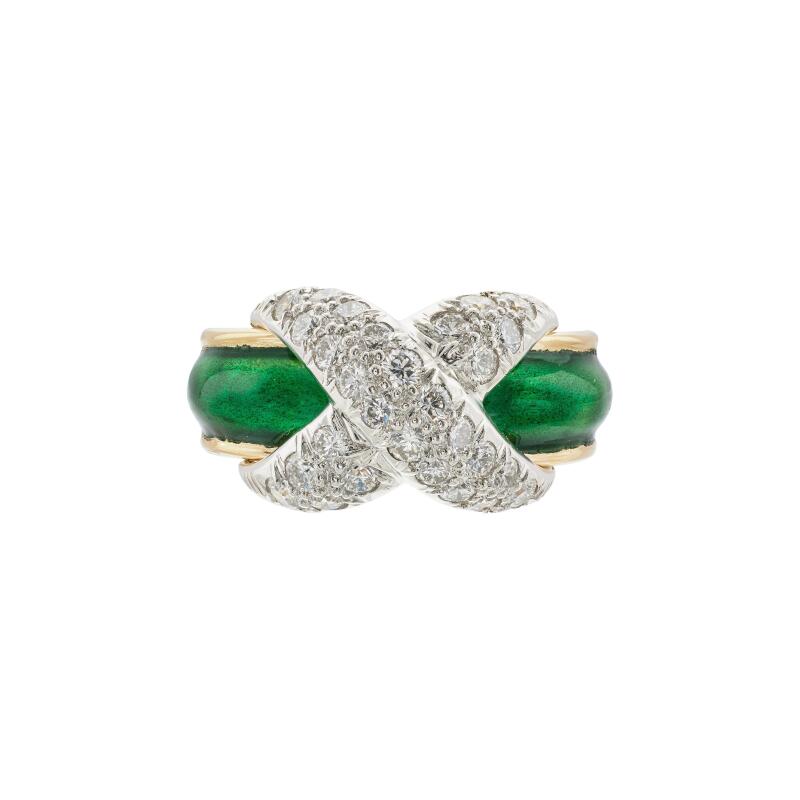 Tiffany & Co. Gold, Platinum, Enamel and Diamond X Motif Ring