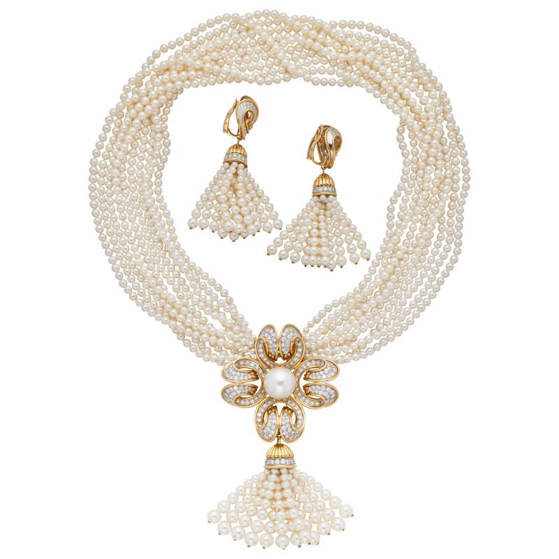 Tiffany & Co. Vintage Gold, Platinum, Cultured Pearl and Diamond Convertible Earclips and Necklace Set