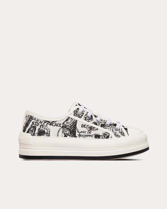 Walk'n'Dior Platform White and Black Cotton Embroidered with Plan de Paris Motif Low Top Sneakers - Crown & Consign