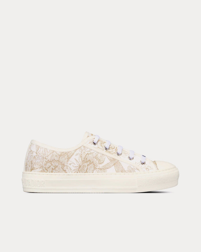 Walk'n'Dior White and Gold-Tone Cotton Embroidered with Dior Jardin d'Hiver Motif in Metallic Thread Low Top Sneakers - Crown & Consign